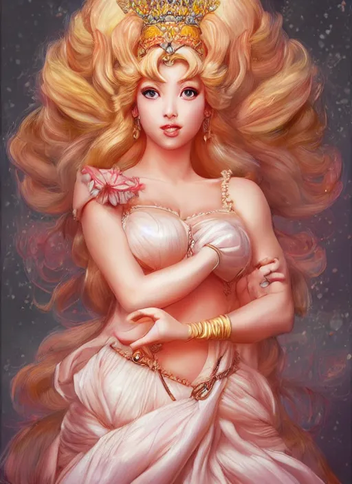 Image similar to portrait Princess Peach as of the Goddess of Wisdom, elegant, intricate, rococo full frontal shot, highly detailed, digital painting, artstation, concept art, sharp focus, illustration, art by artgerm