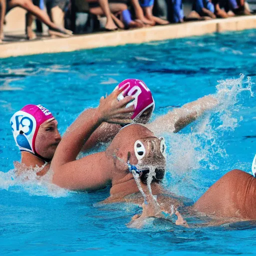 Image similar to hippopotamuses playing with humans, water polo. sports photograph.