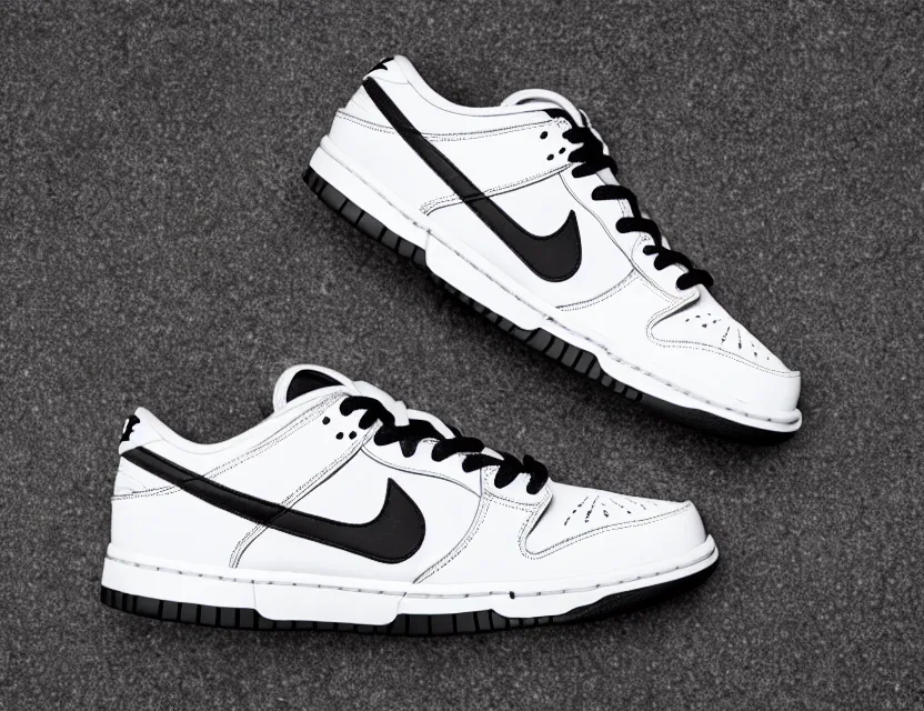 Image similar to a press photograph of nike dunk low white and black, size 1 0, white background