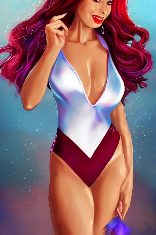 Prompt: beautiful elegant full body portrait of lexi rivera with color streaks in hair and wearing a sparkling cherry color one piece swimsuit and iridescent white silk cape, friendly seductive smile, felicia day, wlop, artgerm, artstation, backlit, marble background