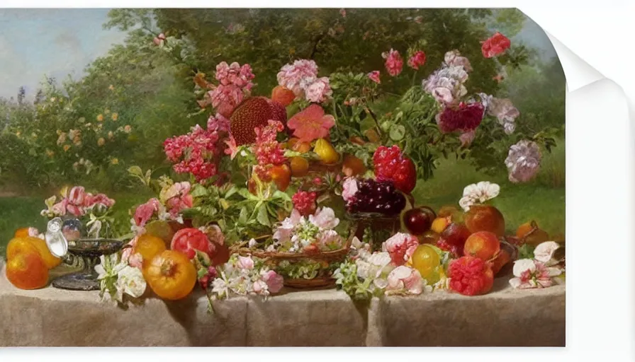Image similar to perfume bottle in a garden of glorious bounty of summer fruits and flowers, by william mason brown
