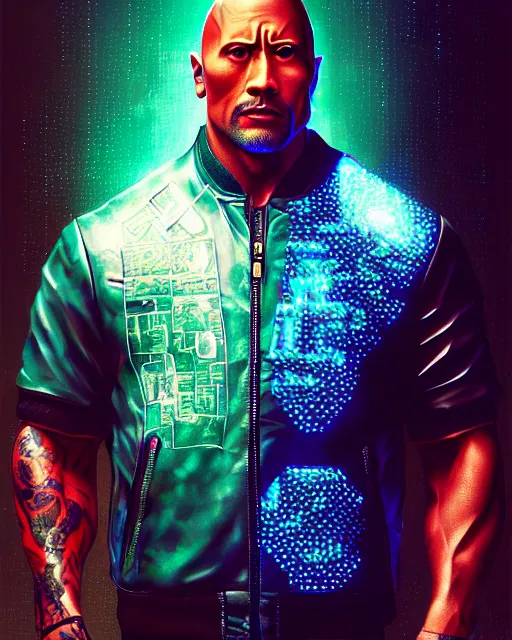 Image similar to detailed portrait Dwayne Johnson, cyberpunk futuristic neon, reflective leather jacket, decorated with traditional Japanese ornaments by Ismail inceoglu dragan bibin hans thoma greg rutkowski Alexandros Pyromallis Nekro Rene Maritte Illustrated, fine details, realistic shaded