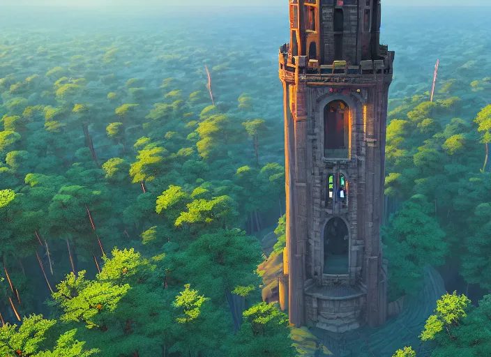 Image similar to overhead view of the great tower of the south in the magical forest of saporra, medium shot, studio ghibli, pixar and disney animation, sharp, rendered in unreal engine 5, anime key art by greg rutkowski, bloom, dramatic lighting