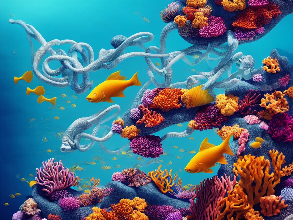 Prompt: a sculpture of fish ocean intertwined, diode lighting, a lovely cornucopia of flowers and human body parts, body parts, highly detailed, octane render, cinematic, sharp focus, clean, studio lighting, sunset, great barrier reef, on sea level