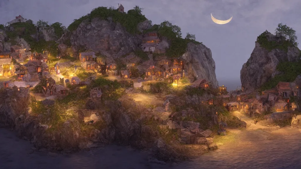 Prompt: A medieval fantasy village on the side of a cliff by the ocean , crescent moon, light glowing from windows at night realistic concept art unity engine raytracing 8K