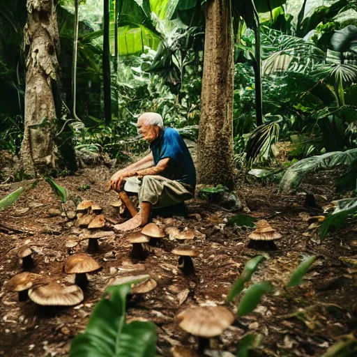 Prompt: an elderly man eating a mushroom in lush tropical jungle, 🍄, canon eos r 3, f / 1. 4, iso 2 0 0, 1 / 1 6 0 s, 8 k, raw, unedited, symmetrical balance, in - frame