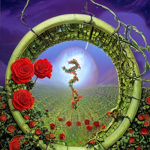 Image similar to a portal with vines and roses on the outside by kilian eng, chris foss, rodney matthews, robert mccall, jacek yerka and vladimir kush, oil on canvas