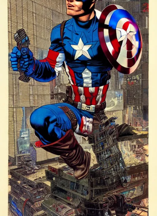 Prompt: captain america as a cyberpunk mercenary. portrait by clyde caldwell and jean giraud and anton otto fischer and john philip falter and will eisner and gil elvgren