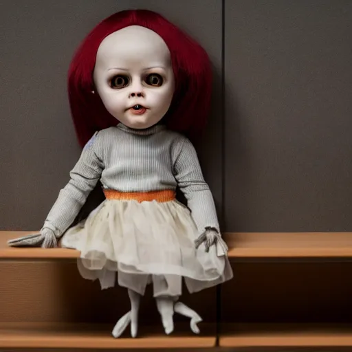 Image similar to creepy doll sitting on shelf, staring at camera, 8 k, photorealistic, dark