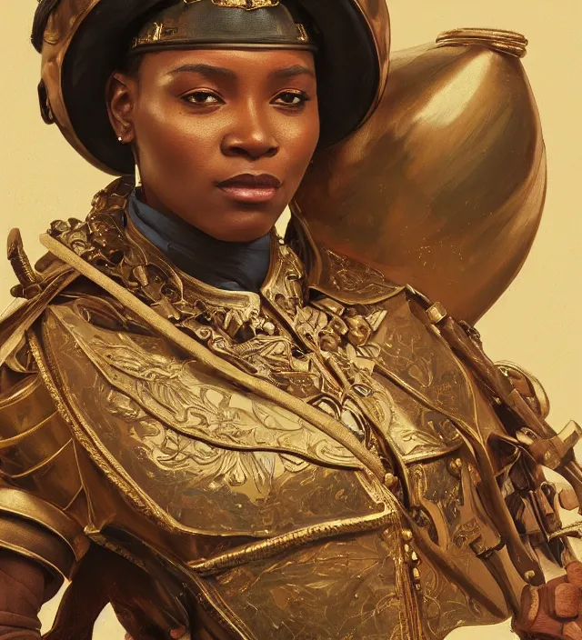 Image similar to portrait of an south african woman wearing a traditional nineteenth century south african empire military uniform, metal shoulder pauldrons, intricate, highly detailed, digital painting, artstation, concept art, sharp focus, cinematic lighting, illustration, art by artgerm and greg rutkowski, alphonse mucha, cgsociety