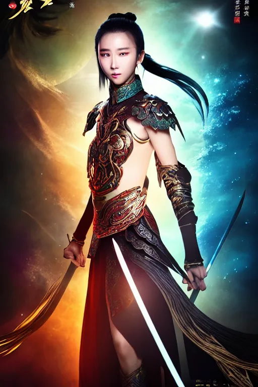 Image similar to beautiful cinematic fantasy poster, wuxia sword dance heroine, beautiful glowing galaxy eyes, hybrid from Dynasty Warriror and art direction by tian zi, WLOP, Darius Zawadzki cinematic quality character render; low angle; ultra high quality model; production quality cinema model;