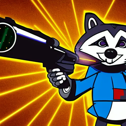 Image similar to logo of a racoon holding a laser gun, realisitc , 4K