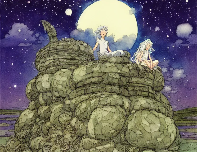 Image similar to a hyperrealist studio ghibli watercolor fantasy concept art of a giant long haired grey witch in lotus position sitting on top of stonehenge with a starry sky in the background. a ufo is in the sky. by rebecca guay, michael kaluta, charles vess