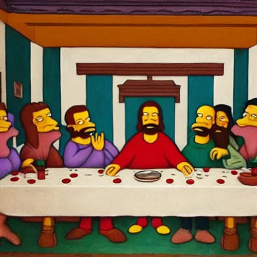 Image similar to last supper with the simpsons characters, art, trending in artsation, winning award painting, oleo style, framed paint, homer is breaking the bread