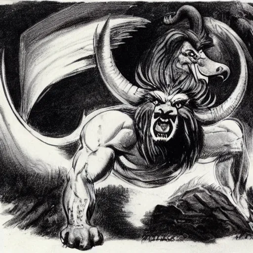 Image similar to a creature with the body and eyes of a man, with the beak of an eagle, the mane of a lion, and the horns of an ox. drawn by frank frazetta