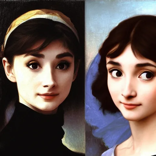 Image similar to A masterpiece head and shoulders portrait of Audrey Hepburn by William Adolphe Bouguereau and Makoto Shinkai