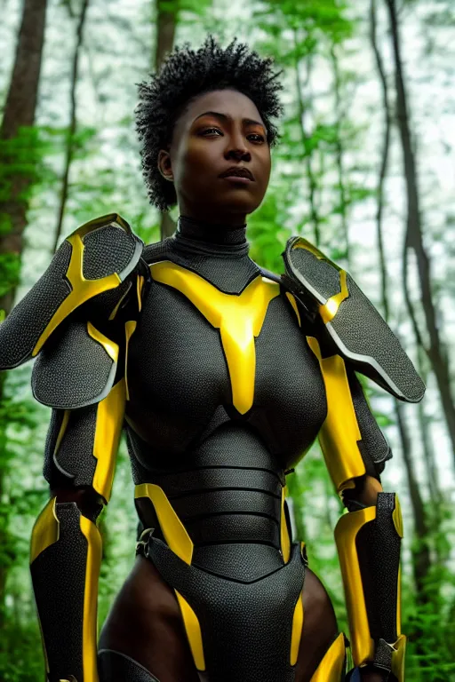 Image similar to hyperrealistic mithra goregous black woman exoskeleton armor in a forest sun behind her concept art eric zener elson peter cinematic side soft yellow light low angle hd 8k sharp shallow depth of field