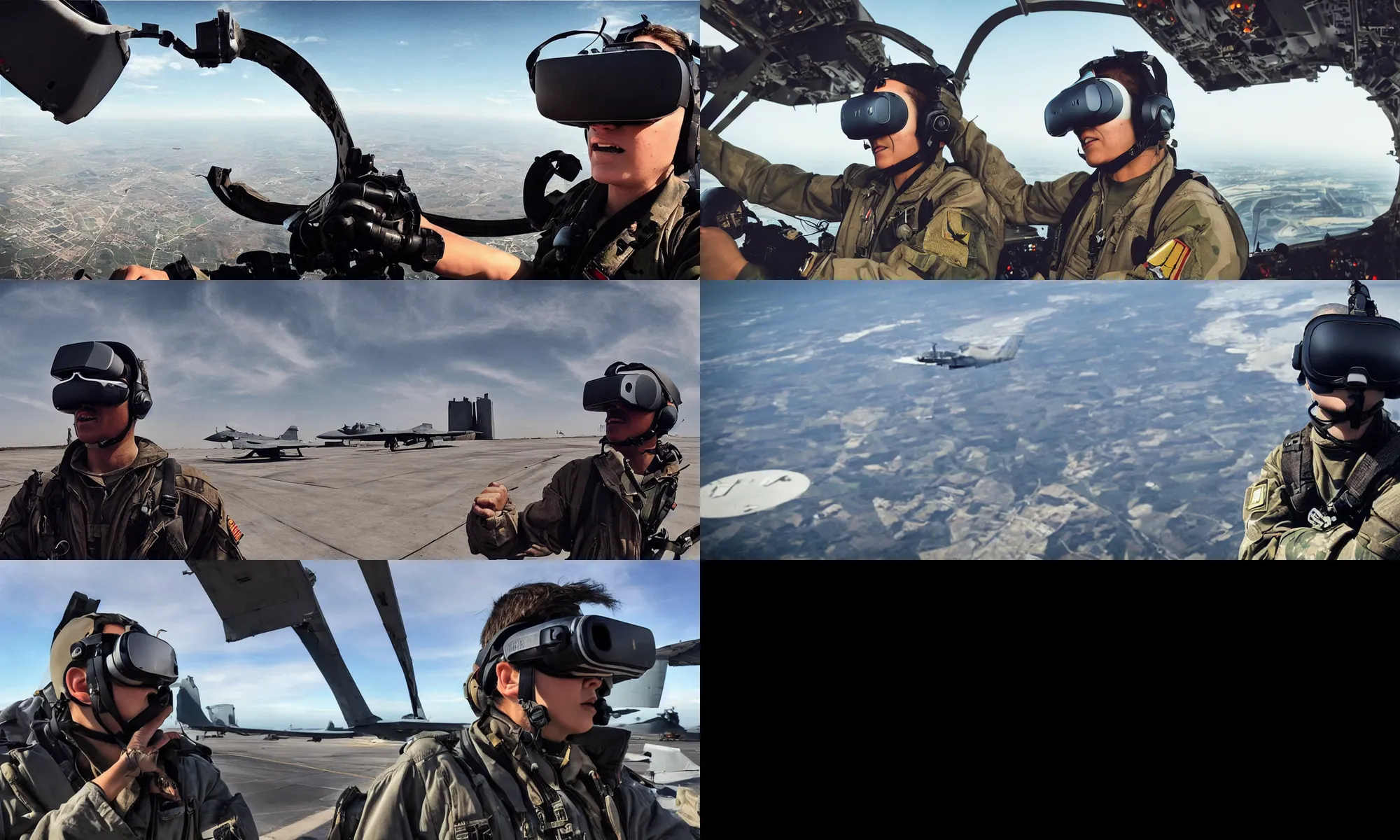 Prompt: “Fighter pilot wearing a VR headset climbing down from a military combat airplane while a busy airbase is shown in the background, gritty, cinematic wide angle, dark tones.”