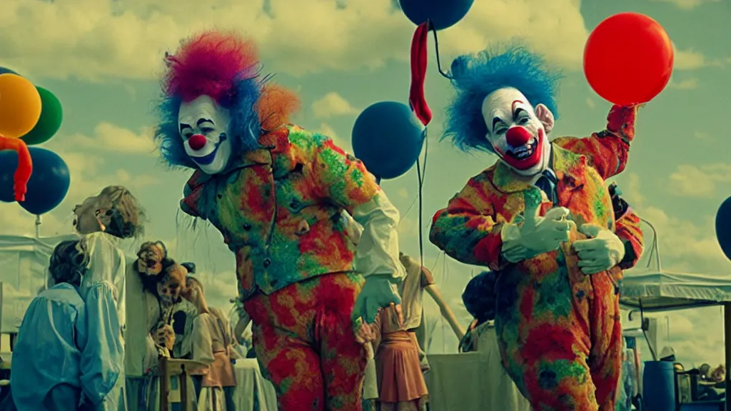 Image similar to the clown monster at the fair, they tie a balloon animal, film still from the movie directed by denis villeneuve and david cronenberg with art direction by salvador dali and dr. seuss