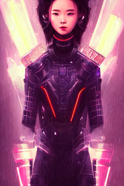 Image similar to portrait futuristic wuxia armor heroine Girl with thunder and fire sparkles and starlight, n future cyberpunk tokyo heavy rainning rooftop , ssci-fi, fantasy, intricate, very very beautiful, elegant, human structure, neon light, highly detailed, digital painting, artstation, concept art, smooth, sharp focus, illustration, art by tian zi and WLOP and alphonse mucha