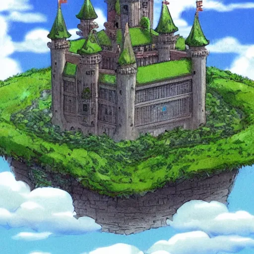 Image similar to Castle with a lot of greenery on its towers, on the island flying in clouds. Art by Hayao Miyazaki. concept art, artstation, intricate details