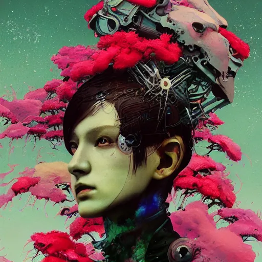 Image similar to surreal gouache painting, by yoshitaka amano, by ruan jia, by conrad roset, by kilian eng, by good smile company, detailed anime 3 d render of a mechanical android head with flowers growing out, portrait, cgsociety, artstation, modular patterned mechanical costume and headpiece, retrowave atmosphere