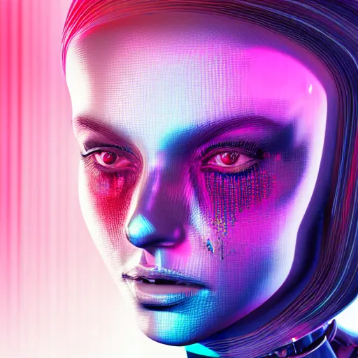 Image similar to chromatic 3d ultra realistic cyborg woman in psychedellic mirror environment digital art in synthwave style