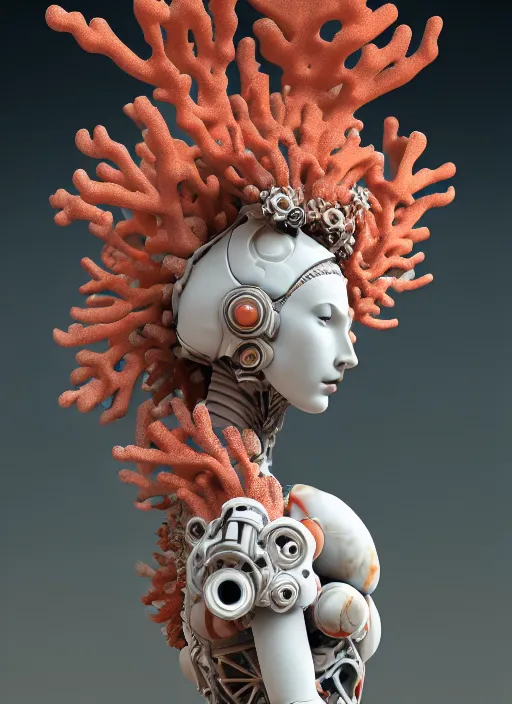 Image similar to biomechanical coral headdress, daisies, well contoured smooth fair walls with marble statue, carrying a bottle of perfume, up close shot, sharp focus, global illumination, radiant light, alexandre ferra white mecha, irakli nadar, octane highly render, 4 k, ultra hd,