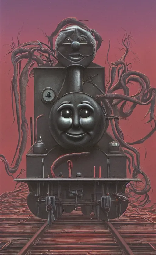 Image similar to thomas the tank engine in style of zdzisław beksinski, extremely dramatic lighting, 8 k, tendrils, black, darkness, black slime tendrils, infected, rust, body horror, thomas the train, thomas the tank engine face, horror,