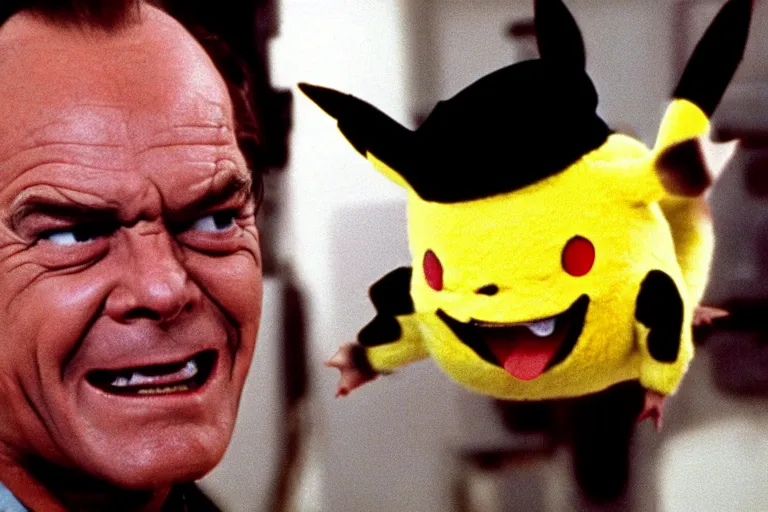 Image similar to Jack Nicholson in costume of Pikachu Terminator scene where his endoskeleton gets exposed still from the movie