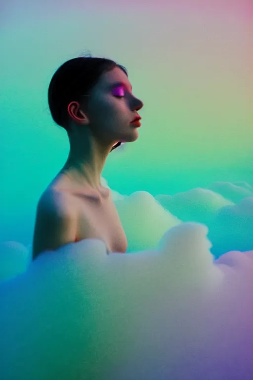 Image similar to high quality pastel coloured film close up wide angle photograph of a model wearing clothing swimming on cloud furniture in a icelandic black rock!! environment in a partially haze filled dreamstate world. three point light, rainbow. photographic production. art directed. pastel colours. volumetric clouds. pastel gradient overlay. waves glitch artefacts. extreme facial clarity. 8 k. filmic.