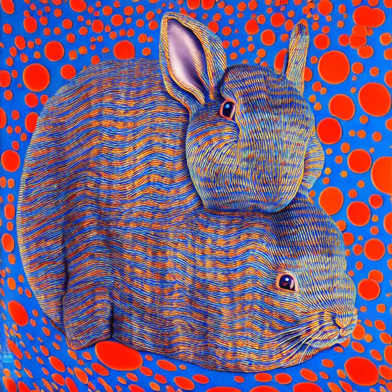 Image similar to hyperrealistic detailed image of a rabbit inside a hat in an art installation room, hd smooth interior by yayoi kusama, part by kei mieno, part by ross tran, dark art by james jean, ultra realistic, highly detailed, life like face, detailed body, 8 k, 3 d render by roger magrini, very cohesive, masterpiece