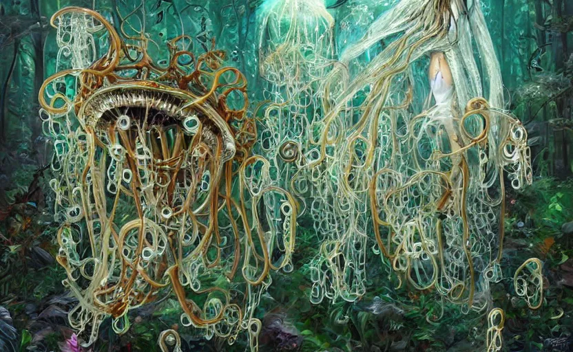 Image similar to Cyborg biomechanical jellyfish forest. By Konstantin Razumov, highly detailded