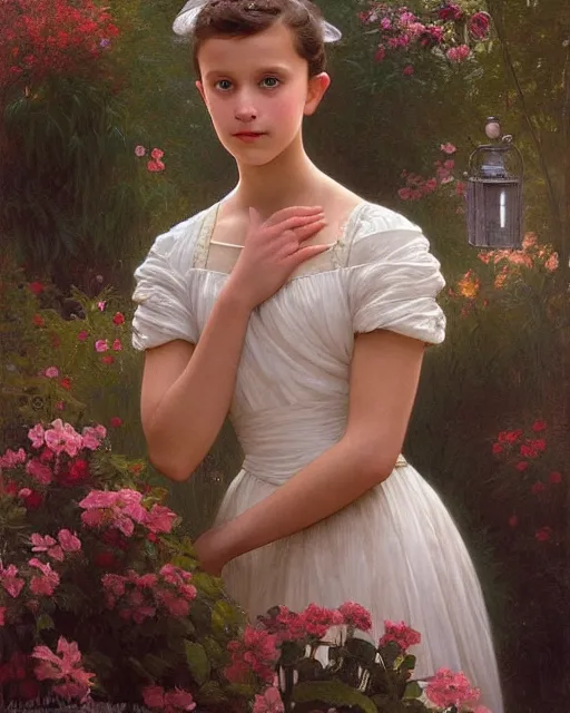 Image similar to a well - lit portrait painting of a shy, blushing 1 6 - year old alicia vikander or millie bobby brown as a ballerina in her flower garden with lanterns at night, intricate, elegant, highly detailed, artstation, concept art, by krenz cushart and donato giancola and william adolph bouguereau and alphonse mucha