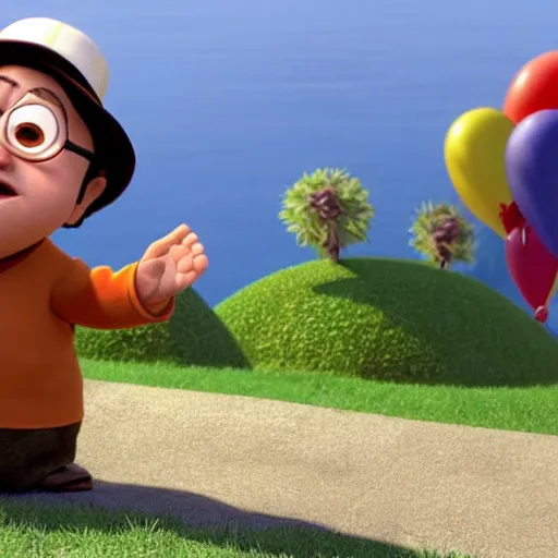 Prompt: a screenshot of Danny Devito as a 3D render animated Disney pixar animation character in Up (2009)