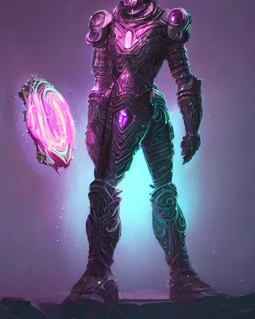 Prompt: Gladiator armor made of galaxies and sci fi parts conjuring cosmic energy, surrealism, smooth, intricate, elegant, galactic energy, power aura, neon glowing spells, digital painting, artstation, concept art, high tech fantasy, sharp focus, illustration, art by Jason Chan and Riot Studios and Blizzard Studios