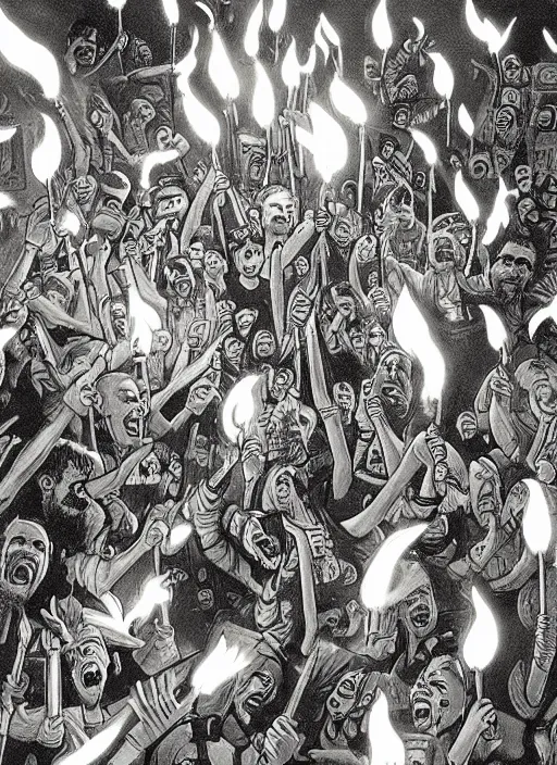 Prompt: “Close-up of party with lots of people holding burning torches and dancing happily. Spotlights and smoke. Artstation. Dark, highly detailed. In style of Mike Savad.”