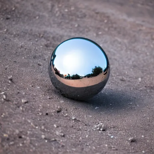 Image similar to reflective metal ball floating in the desert