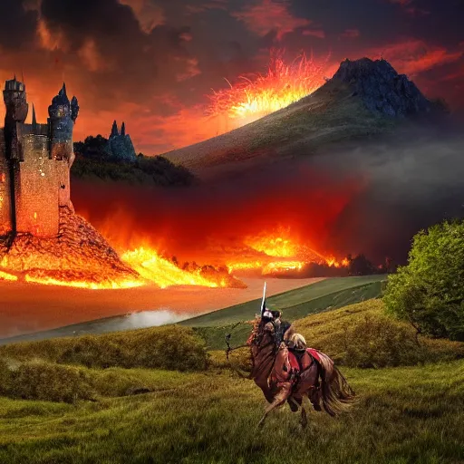 Prompt: a knight going to jump to get on dragons back as fire inflames the ground beneath him, with castle in distance, stormy, raining, 4 k, hd, realistic