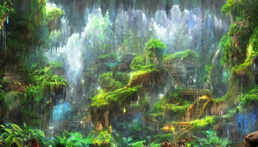 Image similar to concept art of a huge underground jungle cave with waterfalls, luminescent plants, colorful, high detailed, ultra realistic