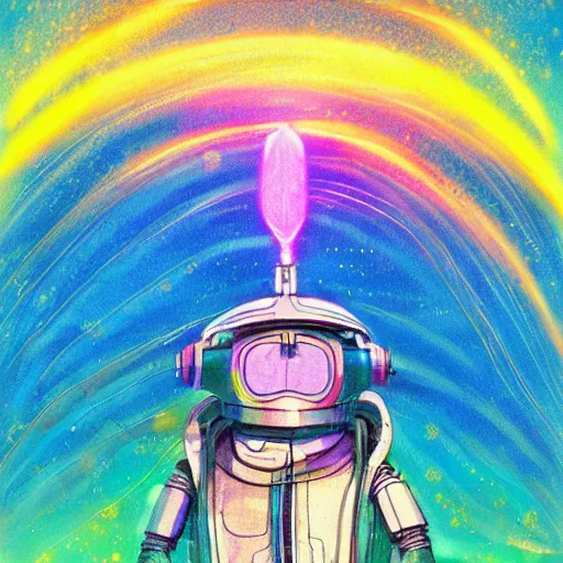 Image similar to a dream machine conncted to a boy with a helmet and electric cable with colorfull rays of light illuminate the environment by vanessa morales, studio ghibli,