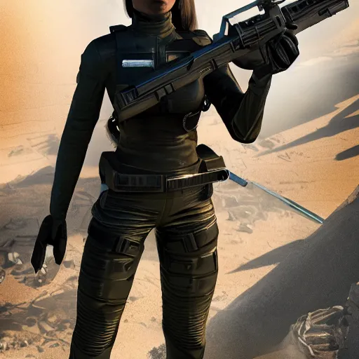 Image similar to a female android martial-artist/mercenary holding a rifle Photorealistic HD 8k highlights and shadow detailed High Resolution