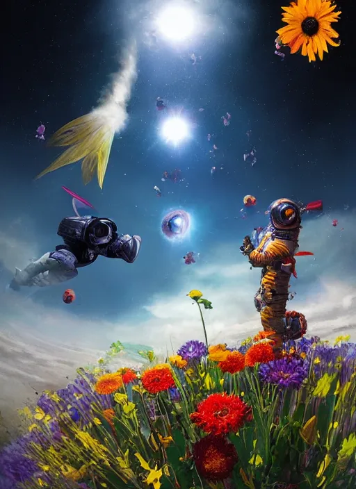 Image similar to An epic fantastic realism comic book style painting of the most beautiful flowers launched into space, bouquets, solar eclipse, fisheye, unreal 5, DAZ, hyperrealistic, octane render, dynamic lighting