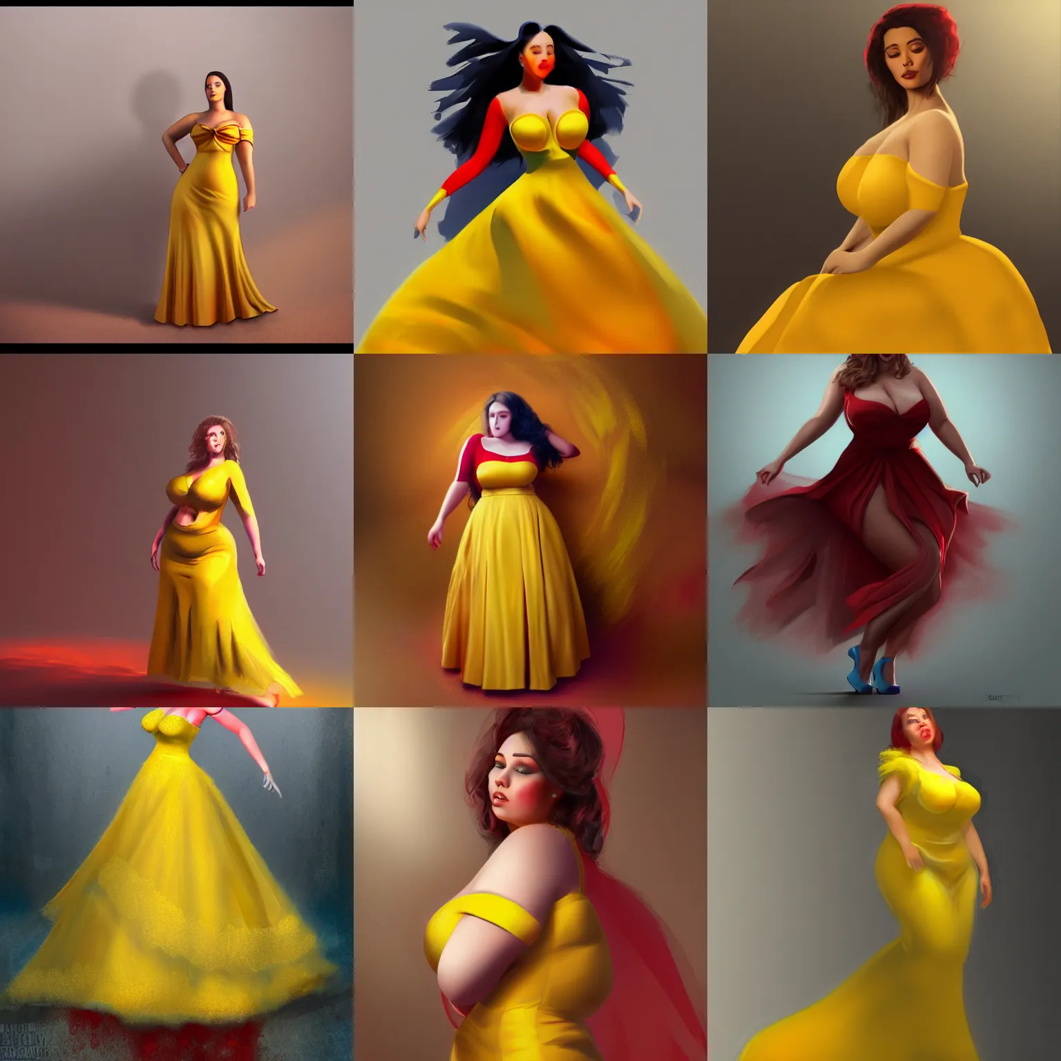 Prompt: matte painting of a beautiful and voluptuous woman dressed in a yellow dress with red, artstation painting, global light, artwork