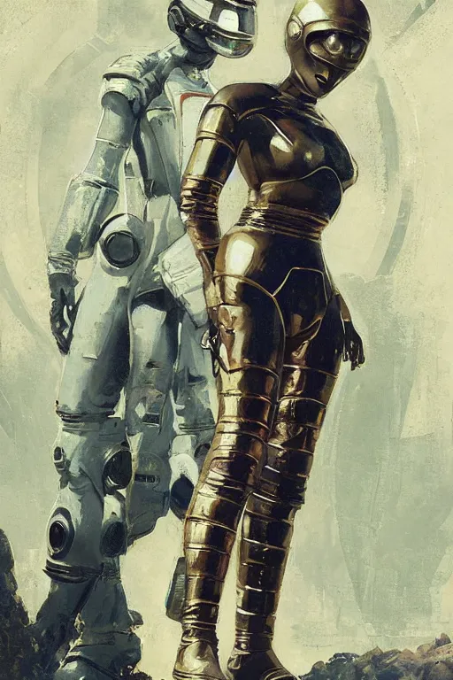 Prompt: pulp scifi fantasy illustration full body portrait of elegant woman wearing latex spacesuit standing beside martian warrior, by norman rockwell, jack kirby, bergey, craig mullins, ruan jia, jeremy mann, tom lovell, 5 0 s, astounding stories, fantasy