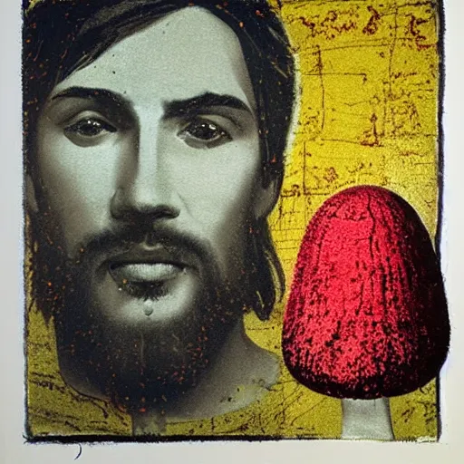 Prompt: jesus christ and an amanita mushroom painted by cy twombly and andy warhol