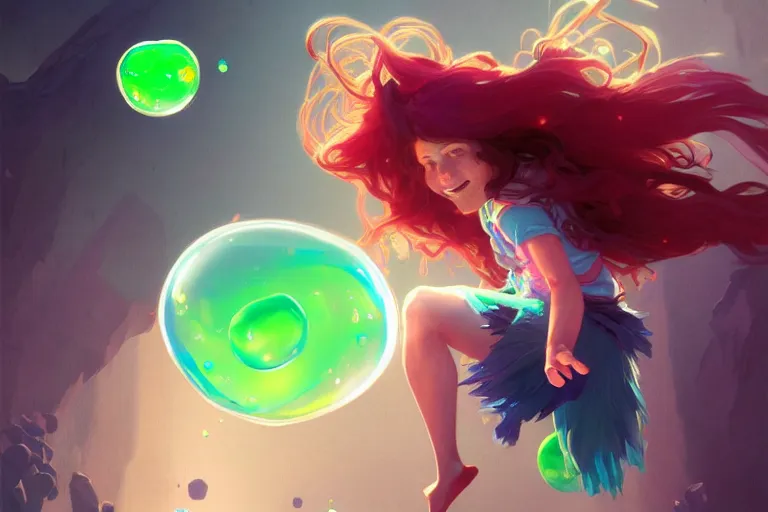 Prompt: madeline from celeste jumping to a green jelly bubble, blue bubble jacket red long hair, highly detailed, digital painting, artstation, concept art, sharp focus, illustration, art by greg rutkowski and alphonse mucha