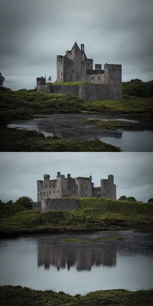 Prompt: “Irish medieval castle on an island on a lake, slightly worn-down and reclaimed by nature, cloudy but clear day, tonalism style, trending on Artstation, 8k, 4k, high-res, digital art”