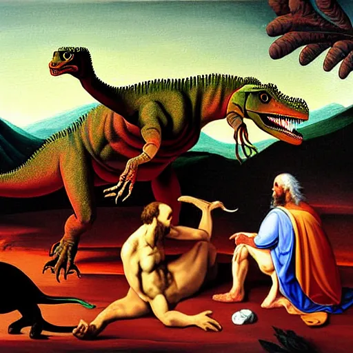 Prompt: the painting Creation of Adam with two dinosaurs instead of two people