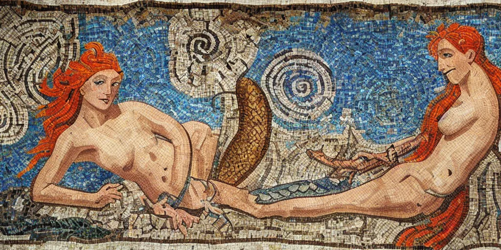 Prompt: ancient roman mosaic of beautiful gingerhead mermaid with long tail, dolphins, fishes, stylised, detailed, dynamic light